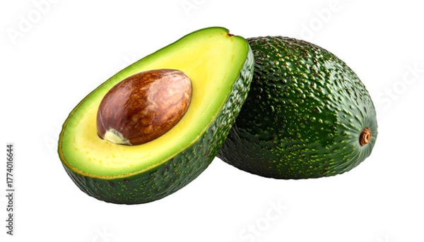 Obraz A sliced avocado revealing a creamy interior and seed, beside a whole fruit