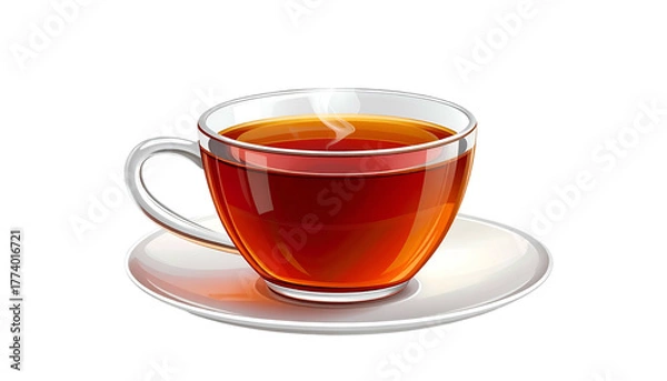 Fototapeta Steaming cup of tea on a saucer, rendered with a glossy and transparent aesthetic