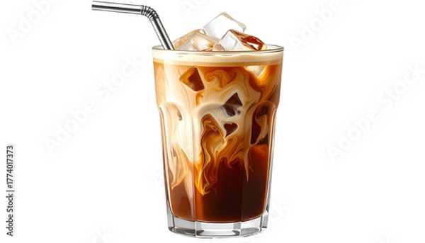 Fototapeta Glass of iced coffee with layers of espresso, milk, and ice cubes, served with a straw