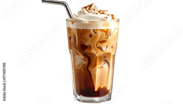 Fototapeta A tall glass of iced coffee swirled with layers, topped with whipped cream, and a metal straw