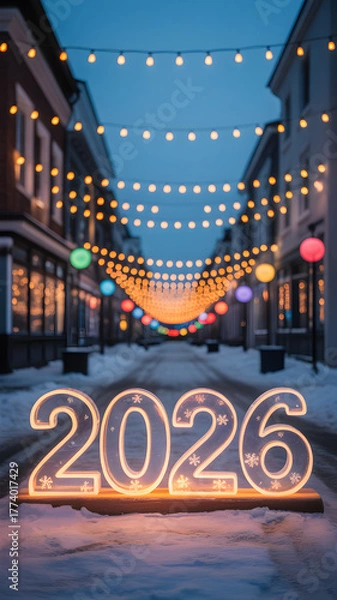 Fototapeta Snow street 2026 Background illustration with glowing festive lights and winter decor,generative ai