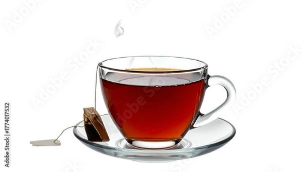 Fototapeta A clear glass teacup with a tea bag, filled with hot tea, resting on a saucer
