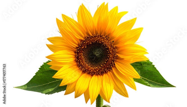 Obraz A vibrant, close-up view of a sunflower with green leaves against a transparent backdrop