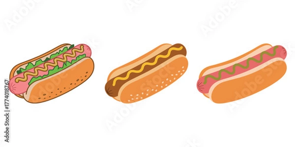 Fototapeta Vector illustration of three hot dogs with different toppings—ketchup, mustard, relish—isolated on white background for food design