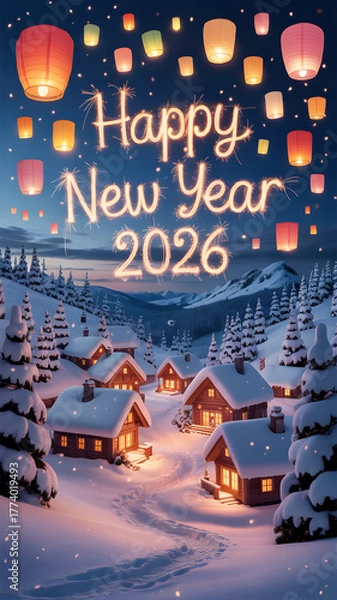 Fototapeta Lantern night snowy 2026 Background illustration with festive holiday design,generative ai