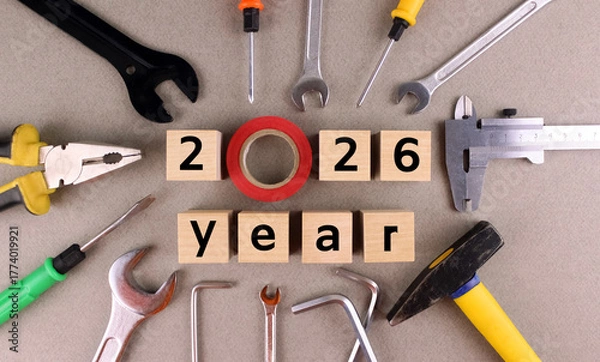 Fototapeta Year 2026 on gray background with various tools. Wooden cubes with numbers on a gray background