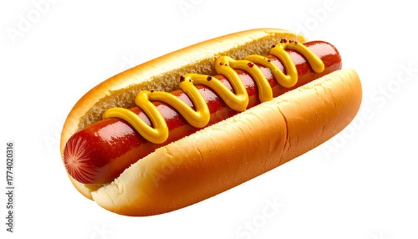 Fototapeta Close-up of a perfectly constructed hot dog on a bun, topped with yellow mustard