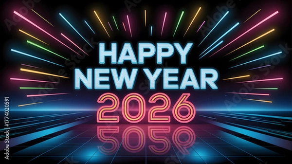 Fototapeta Retro neon 2026 Background illustration with colorful fireworks and glowing lines,generative ai