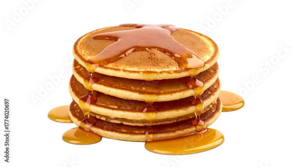 Obraz A stack of golden brown pancakes with maple syrup dripping over them, isolated