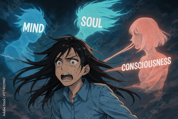 Obraz Young person expresses strong emotions as mind, soul, and consciousness figures surround them during a dramatic scene at night Generative AI
