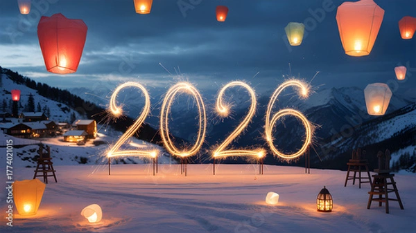 Fototapeta Snow mountain 2026 Background illustration with fireworks and sky lanterns night,generative ai