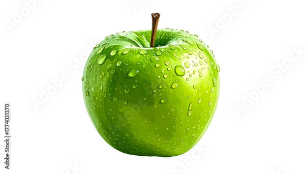 Fototapeta A vibrant, green apple, glistening with water droplets, isolated on a black background (1)