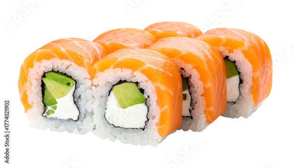 Fototapeta Six salmon rolls, visible ingredients include rice, avocado, and cream cheese