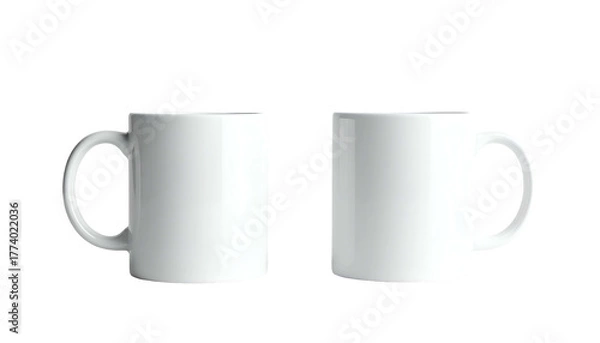 Fototapeta Two identical white ceramic mugs, one slightly rotated, against a stark black background