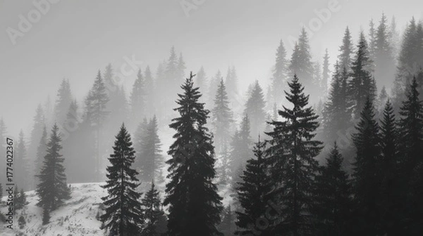 Fototapeta misty snowy pine forest in black and white to showcase the tranquility and beauty of a snowy pine forest in black and white