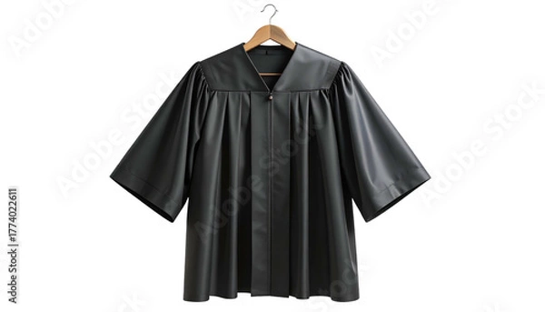 Fototapeta Formal black robe, hangs on wooden hanger against a dark background, showing details
