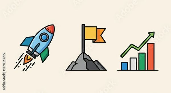 Fototapeta Business success and growth icon set with a launching rocket goal flag and rising bar chart.