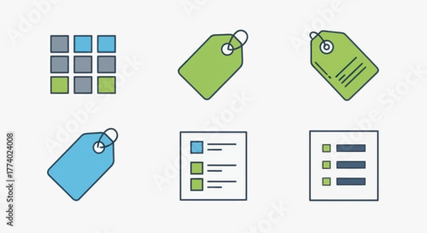 Fototapeta Flat Design E-commerce Icons Set with Price Tags Grid and Checklists.