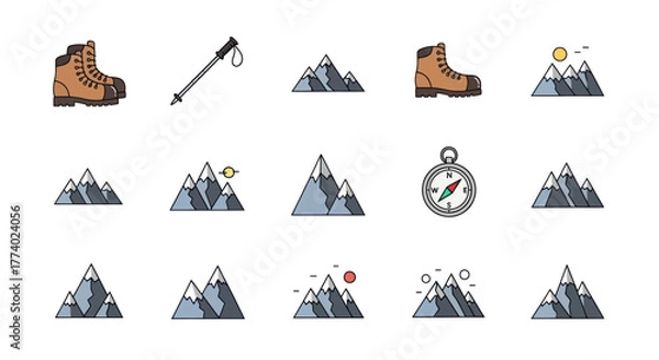 Obraz Collection of Hiking and Mountain Adventure Icons.