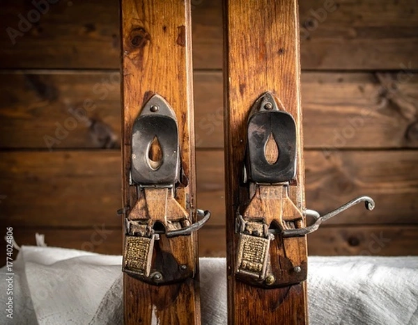 Obraz A close-up of old wooden skis with metal bindings against a rustic wood backdrop