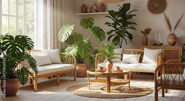 Obraz A bright and airy living room filled with lush green houseplants and natural rattan furniture, creating a bohemian and serene atmosphere.