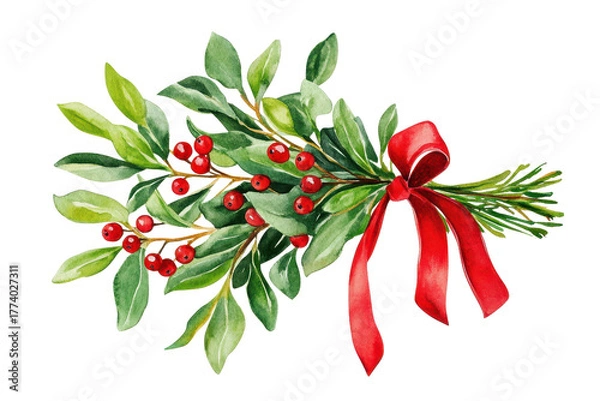 Fototapeta Beautiful watercolor mistletoe bouquet featuring green leaves and red berries, perfect for holiday decorations and celebrations