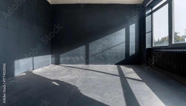Fototapeta natural light casts a shadow in an empty room with a concrete floor and dark walls during the afternoon
