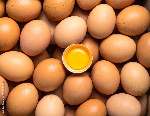 Obraz A close-up, overhead shot of tan-colored chicken eggs with one cracked revealing yolk