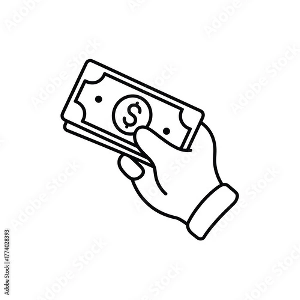 Obraz Hand holding stack of dollar bills icon line drawing on white background money cash