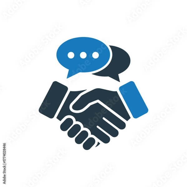 Obraz Handshake Icon With Two Speech Bubbles Symbolizing Agreement And Communication deal partnership