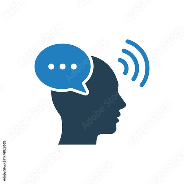 Obraz Human head silhouette with speech bubble and signal waves icon blue and dark blue profile face