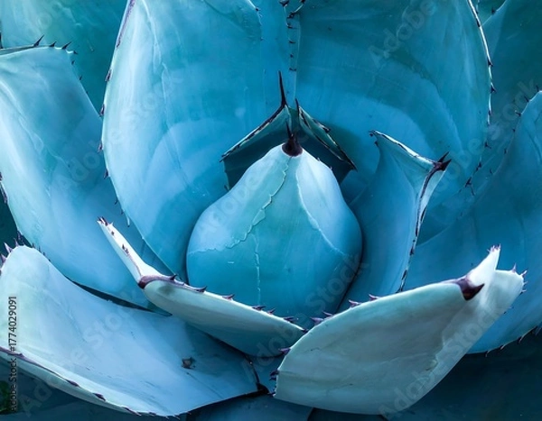 Obraz A close-up photograph of a textured, teal-colored agave plant, spines visible
