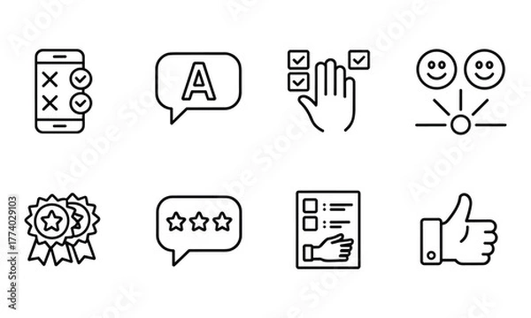 Obraz Set of eight black and white icons related to feedback, surveys, and customer satisfaction review rating