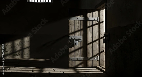 Fototapeta Open wooden door in a dark room with light shining through bars.