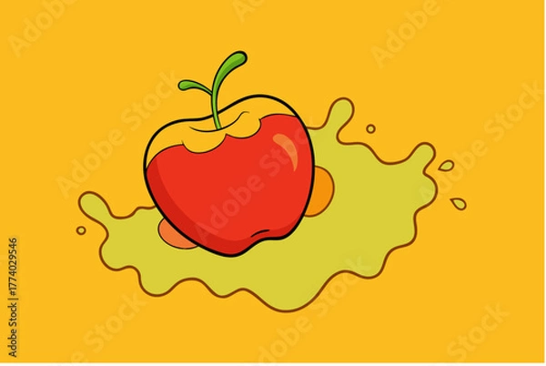 Obraz Red ripe apple fruit vector illustration with leaf and fresh juicy drops, healthy food icon design