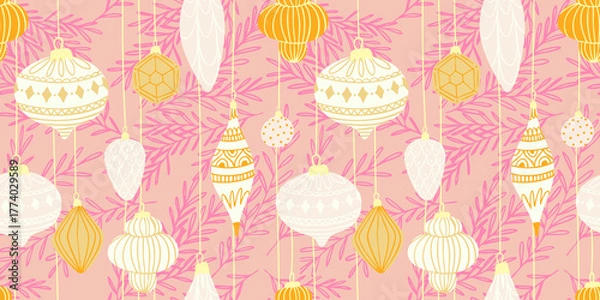 Fototapeta Pink Christmas seamless pattern with hand drawn tree toys, baubles and pine branches. Minimal and cozy holiday background