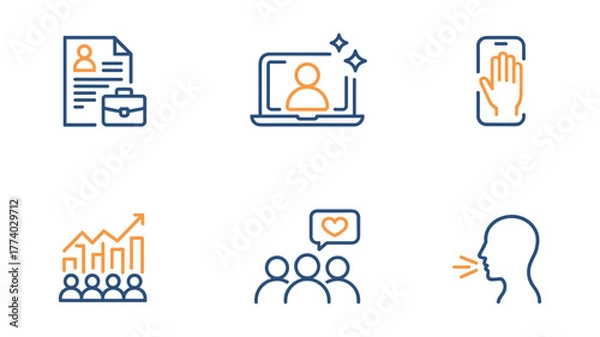Obraz Six icons representing job application, online profile, hand gesture, business growth, community support, and speaking