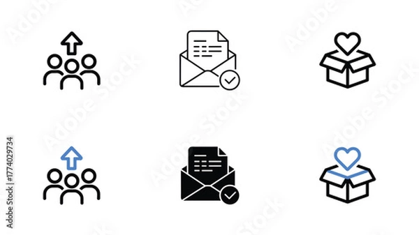 Obraz Six icons depicting concepts of team growth, communication, and charitable giving in outline and filled styles