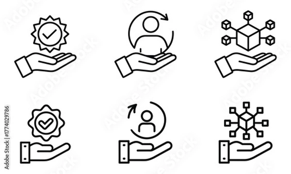 Obraz Six line icons showing hands holding checkmark, person with arrow, and network cube vector illustration