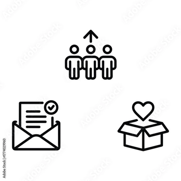 Obraz Three line art icons showing team progress, confirmed message, and a gift box with a heart business teamwork