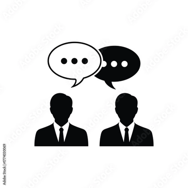 Obraz Two businessmen silhouettes with black and white chat bubbles above them people suit