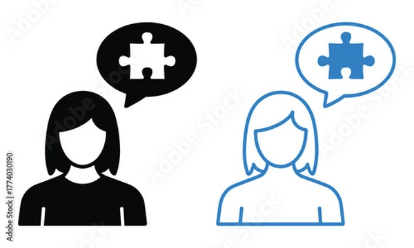 Obraz Two figures with puzzle piece thought bubbles representing communication and problem solving on a white background