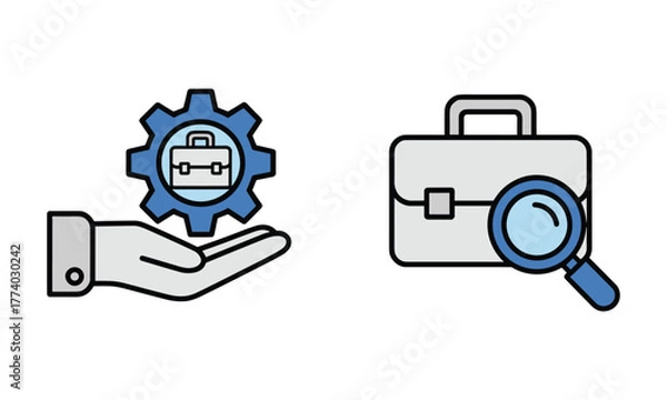 Obraz Two flat design icons showing a hand holding a gear with a briefcase and a briefcase with a magnifying glass