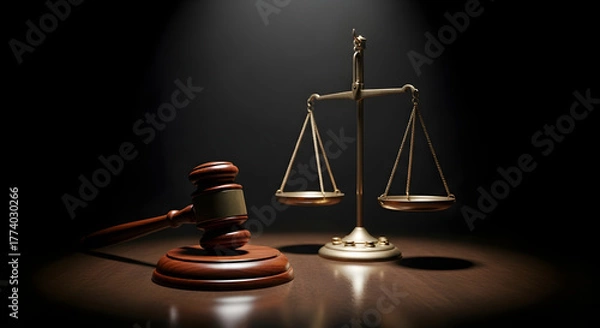 Obraz A dramatic close-up of a wooden gavel and a brass scale of justice on a dark, reflective surface.