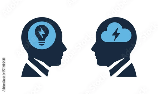 Obraz Two silhouetted heads facing each other with icons representing ideas and problems in their minds on a white background