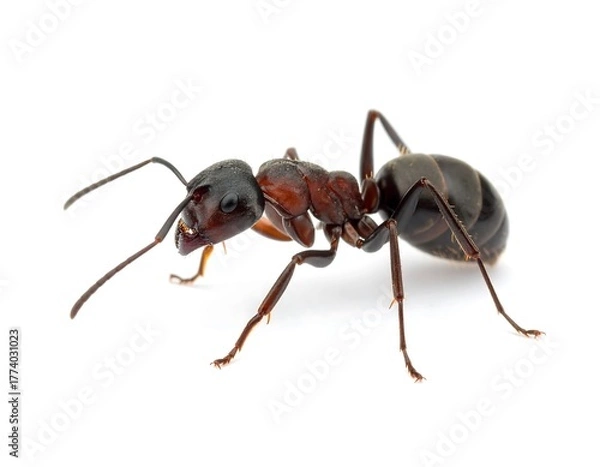 Obraz A close-up shot of a brown and black ant crawling on a clean, white background