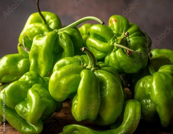 Obraz A close-up shot of pile of vibrant green peppers with textured skin and stems