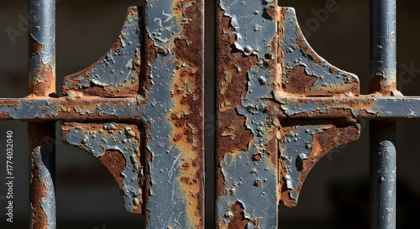 Obraz Close-up of a weathered and rusty old iron gate with peeling blue-grey paint revealing corrosion.