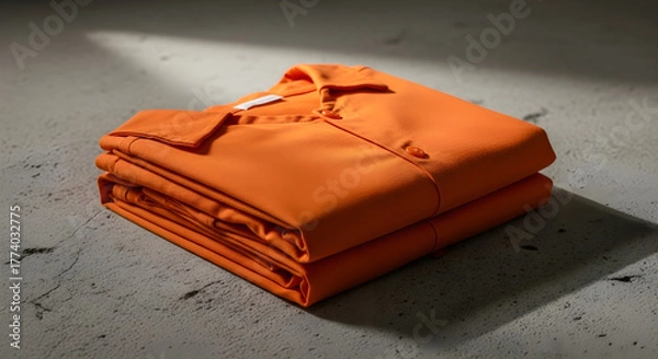 Obraz A neatly folded, vibrant orange polo shirt rests on a textured gray concrete surface under dramatic lighting.