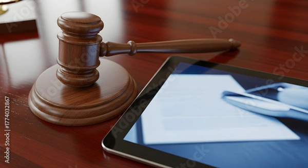 Obraz A wooden judge's gavel rests on a polished desk next to a digital tablet displaying legal documents, symbolizing modern justice and technology.